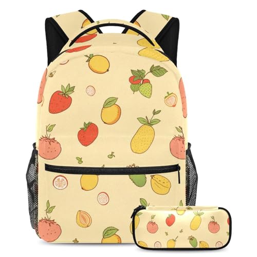 Sac à dos enfants motif fruits jaunes avec trousse d'école assortie