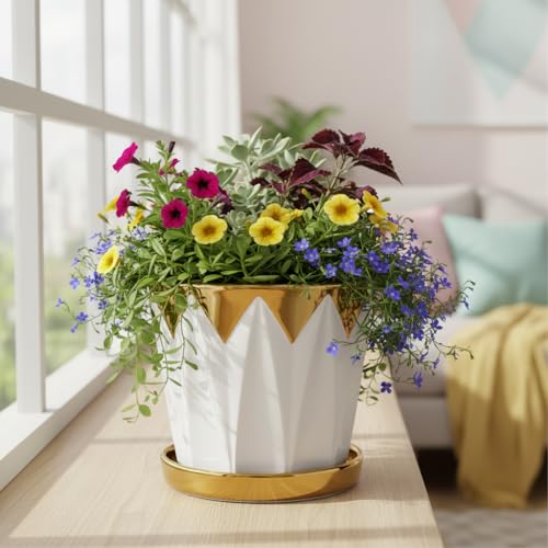 Image of Xtore Striking Geometric Ceramic Planter with Gold Accents & Drainage Tray | Sculpted Indoor Plant Pot for Tabletop, Desk & Living Space Styling (White & Gold) - Planter only