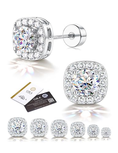 LOLIAS Moissanite Stud Earrings - Hypoallergenic Flat Back Earrings for Women Men- 925 Sterling Silver Halo Square Stud Earring - White Gold Plated Brilliant D Color VVS1 Moissanite Jewelry 5MM