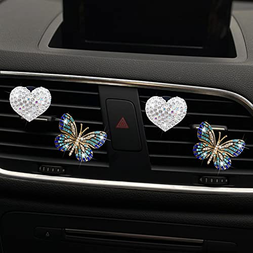 Bling Heart Butterfly Air Freshener Clips, 4 Pcs Car Vent Diffuser, Rhinestone Decoration, Cute Interior Accessories for Women (Blue)