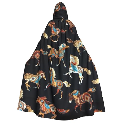 Cape à capuche médiévale avec imprimé cheval marron pour cosplay et Halloween