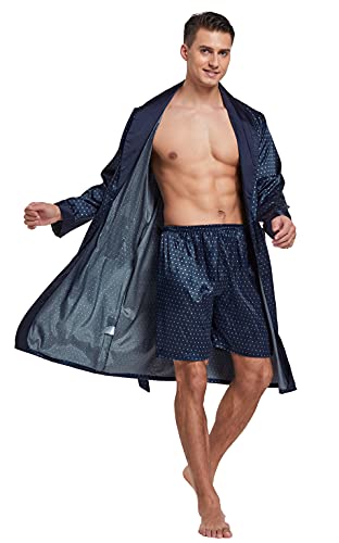 Image of TONY AND CANDICE Men's Satin Robe Lightweight Long Sleeve Silk Kimono Bathrobe with Shorts Set Sleepwear