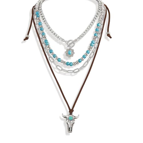 Hclian Western Necklaces Boho Layered Charm Necklace for Women Turquoise Beaded Choker Ox-head Pendant Necklace Western Jewelry for Women Cowgirl Accessories