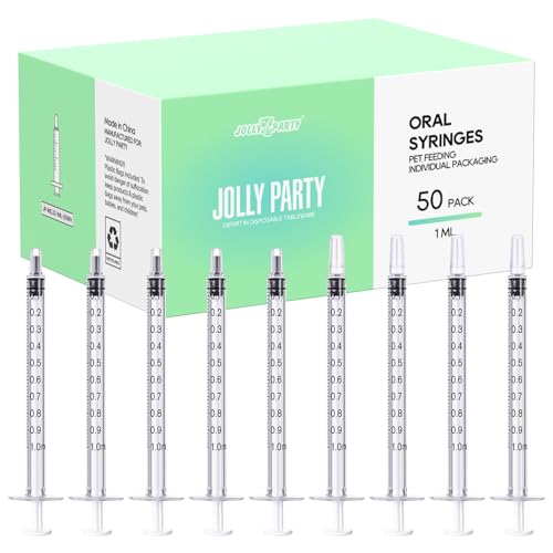 Image of JOLLY PARTY 50 Pack 1ml Syringes with Caps, 1cc Syringe Needleless, Small Oral Syringe with Tip Cap Individually Wrapped for Scientific Labs, Liquid Measuring, Pet Feeding, Oil & Glue Dispenser