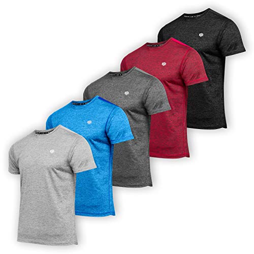 5 Pack: Mens Dry-Fit Moisture Wicking Active Athletic Training, Workout, Running, Sports Performance Crew Neck