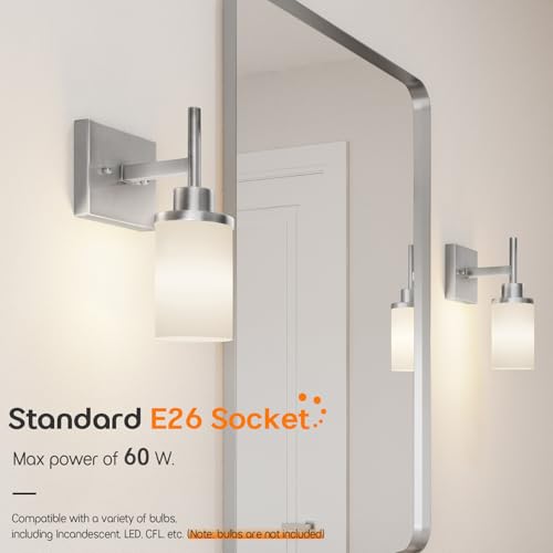 Image of Bathroom Light Fixtures Brushed Nickel Vanity Lights with White Frosted Glass Shade, Wall Lamp for Mirror Kitchen Bedroom Living Room Porch T001BR-L1