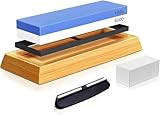 Knife Sharpening Stone, 2 Side Grit 1000/6000 Waterstone, Premium Knife Sharpening Kit, Whetstone Knife Sharpener, Nonslip Bamboo Base, Flattening Stone, Angle Guide (1000/6000)
