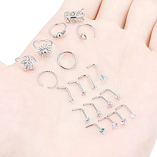 Ocptiy 18G Nose Rings Hoops Studs Piercing Jewelry For Women 18 Gauge Stainless Surgical Steel Nose Ring Hypoallergeni Silver L Shaped Bend Cubic Zirconia Nose Nostril Ring Stud Piercing Jewelry Men #TOP3