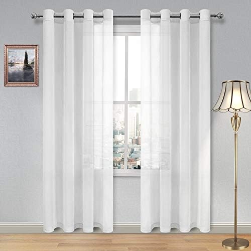 DWCN White Sheer Curtains Textured Semi Transparent Eyelet Top Decorative Voile Curtain for Living Bedroom, 52" Wide x 84" Drop, 2 Panels