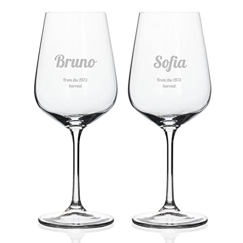 Wanapix | Calice di Vino Personalizzato | Bicchiere da Vino | Cristallo di Boemia | Inciso al Laser | 45 cl | Set da 2 | Regalo originale | Anniversario - Testo