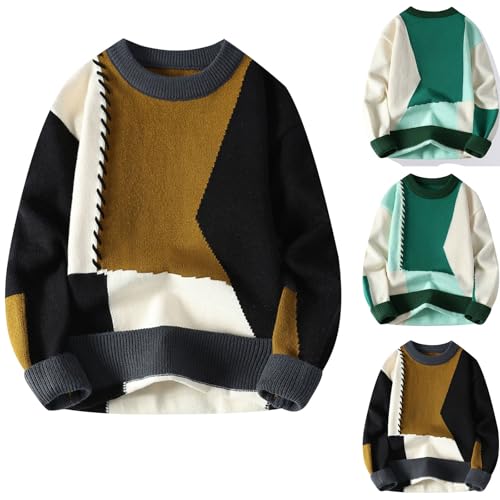 Cambkatl Men's Color Block Patchwork Sweaters, Pullover Loose Crewneck Stylish Knitted Long Sleeve Sweater Tops2