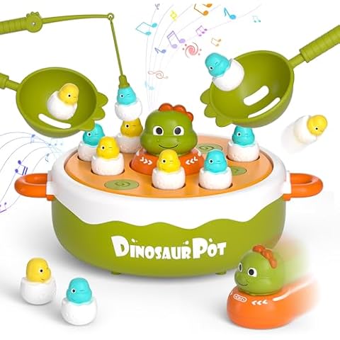 UNEEDE 4 in 1 Bounce and Catch Dinosaur Toys, Magnetic Fishing Game, Tic Tac Toe Game, Bowling and Pop Up Family Operation Game, Christmas Birthday Gift for Thanksgiving Toddlers Board Games for Kids Cover