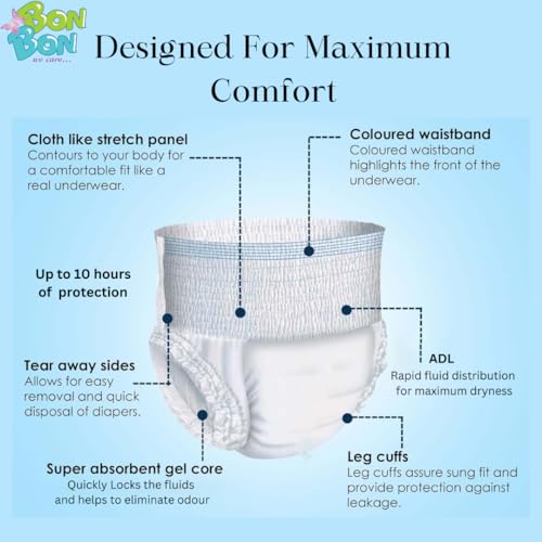 Image of Bonbon Premium Adult Diaper Pant Style Extra Large (PACK OF 3) - 30 Count - XL - Ultra Leak-Guard with Absorption and Distribution Layer (ADL) and Multi-strand leg - Waist Size 40-61 Inch, 101-154 cm
