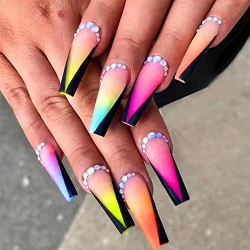 Qingge Colorful Press On Nails Long Length Coffin Fake Nails With Gradient Rhinestones Design Luxury Glossy Matte Acrylic Nails Stick On Nails Tips Glue On Nails False Nails For Women 24Pcs #TOP3