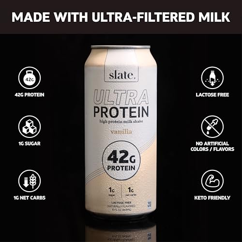 Slate Milk - Ultra Protein Shake - Vanilla - 42g Protein, 1g Sugar, 180 Calories, 1g Net Carbs - Lactose Free, No Added Sugar - Made with Ultra Filtered Milk - Breakfast Boost, Post Workout - 15 fl oz, 12 Cans
