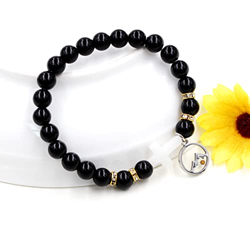Image of Uloveido Black Agate Side Cross Bracelet Mustard Seed Charms, Personalized Letter A-Z Tiger's Eye Bangle Y944