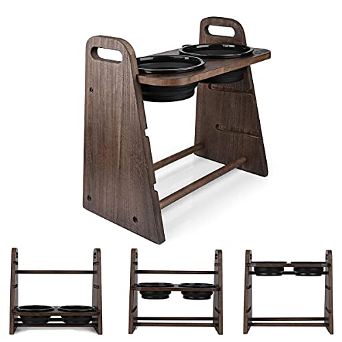 Emfogo Dog Bowls Elevated 3 Heights 4in 8in 13in Wood Raised Dog Bowl Stand with Double Bowls Raised Feeder for Dog Cat 16.7x15.5 inch (Weathered Walnut)