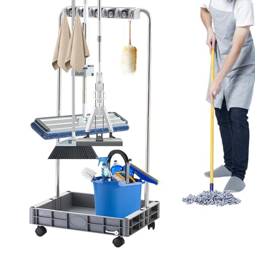 Soporte de fregona para escoba, carro de limpieza para el hogar, carrito de limpieza de gran capacidad, organizador de escobas, herramientas de almacenamiento para estaciones domésticas para