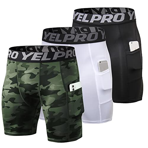 Eargfm Athletic Compression Shorts For Men Running Workout Underwear Spandex Shorts With Pockets Cool Dry Baselayer 3 Pack, Camo Green,White,Black, X-Large #TOP20