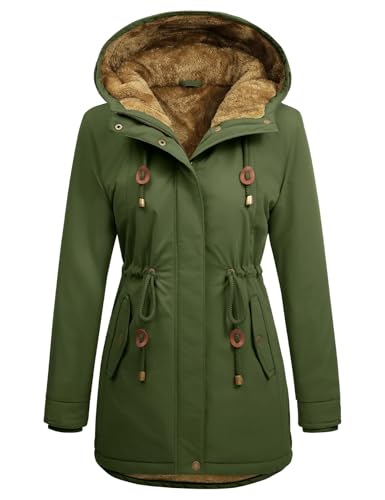 Vancavoo Winterjacke Damen Wintermantel Warm Gefüttert Winterparka Winter Jacket Mäntel Verstellbarer Kordelzug Parka Kapuzenmantel Frauen mit Kapuze,Grün,L