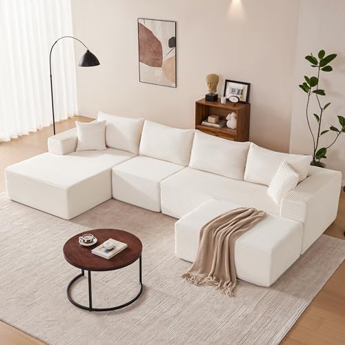 Image of Mangodan 140 inch Cloud Sectional Couch, Modular Sectional Sofa with Deep Seat, Boneless Sofa for Living Room, Fluffy Comfy U-Shaped Couch with Left Facing Chaise, No Assembly Required, Beige