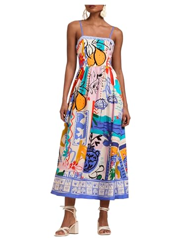 Image of WDIRARA Women's Boho Floral Sleeveless Ruffle Maxi Dress Tropical Graphic Tie Shoulder Smocked Cami Dresses