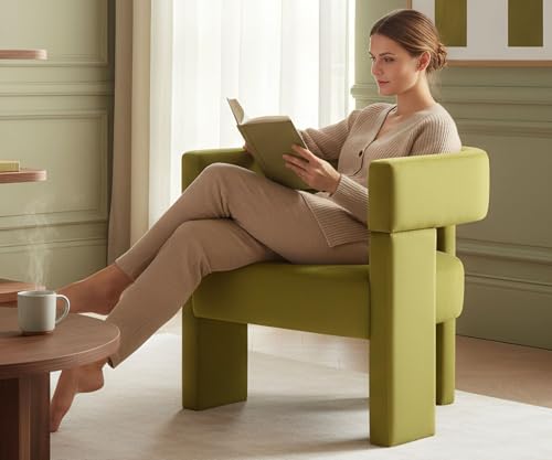 ROCITY Green Accent Chair Modern Barrel Velvet Chair Upholstered Side Chair with Arm Comfy Sitting Chair for Living Room Bedroom Reading