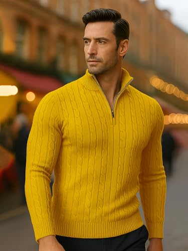 Image of TYSORT Men High Neck Zipper Full Sleeve Cable Knitted Winter Sweater,Cable Knit Sweater for Men