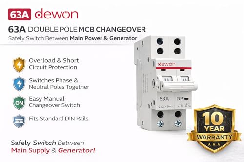 Image of Dewon 63A Double Pole MCB Changeover | DP MCB Change Over Switch | 240V 50Hz