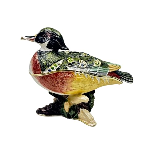FJ FENGZHIJIE Wood Duck Trinket Box, Enameled Jewelry Box with Crystals, Decorative Duck Figurine for Small Jewelry Storage, Home Decor, Collectible Gift for Women, Mom, Friends
