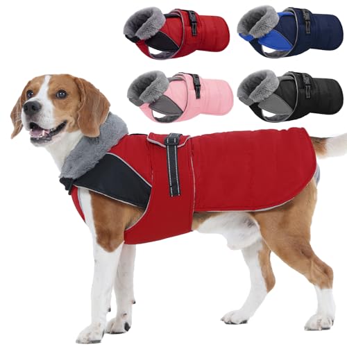 Nanaki Warm Fleece Lined Furry Collar Winter Coats Jackets Vests for Dogs, Waterproof Reflective Dog Snowsuit with Leash Hole Outdoor Walking Hunting, Easy On Pullover Medium Dog Puppy Coat Red XL