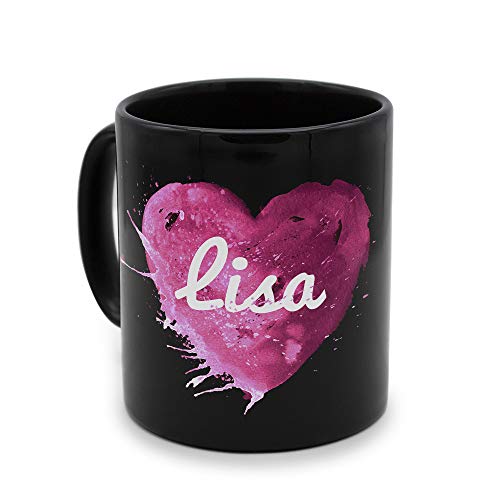 printplanet - Tasse Schwarz mit Namen Lisa - Motiv: Painted Heart - Namenstasse, Kaffeebecher, Mug, Becher, Kaffeetasse