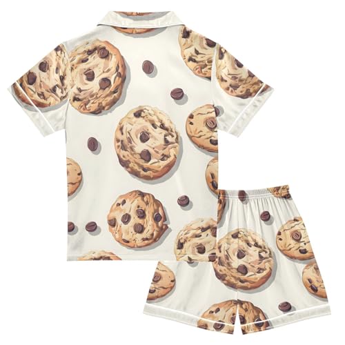 Satin Pajama Sets Short Sleeve Cookie Pattern with Chocolate Chips Button Down Silky Nightwear 2 Piece PJS 5-14Y2