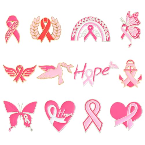 Image of Airssory 12 pcs 12 Styles Pink Awareness Ribbon Theme Alloy Enamel Brooches Breast Cancer Heart Hope Butterfly Lapel Pins for DIY Clothes Backpack Badge Jackets Craft Embellishment