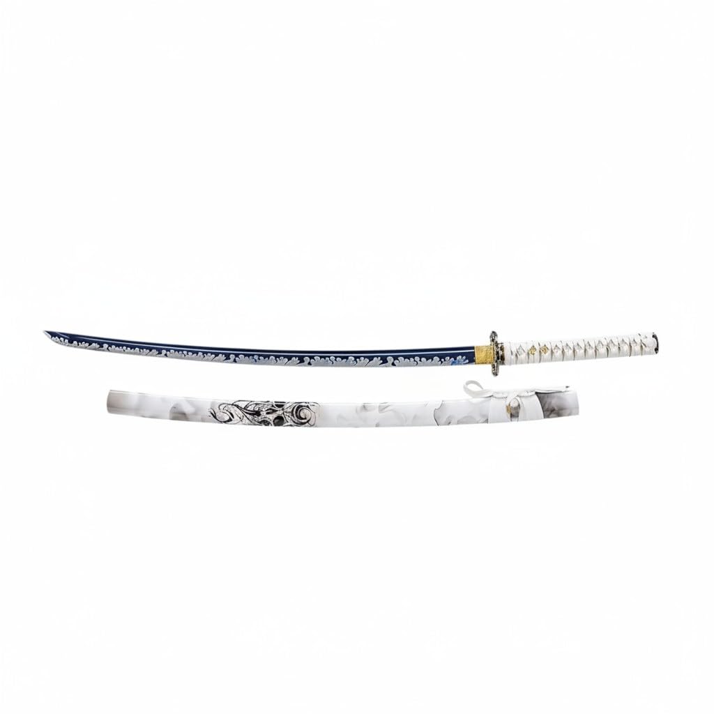 Profi Katana Schwert Echt Scharf Metall aus 1095 Stahl mit Scheide Ständer und Geschenkbox Handgeschmiedete gebeizte Klinge nur für Erwachsene 18 Jahre erforderlich
