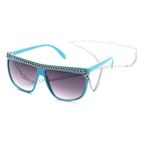 Women Flat Top Oversized Retro Chain Sunglasses w/Metal Chain on Top & Neck Cover