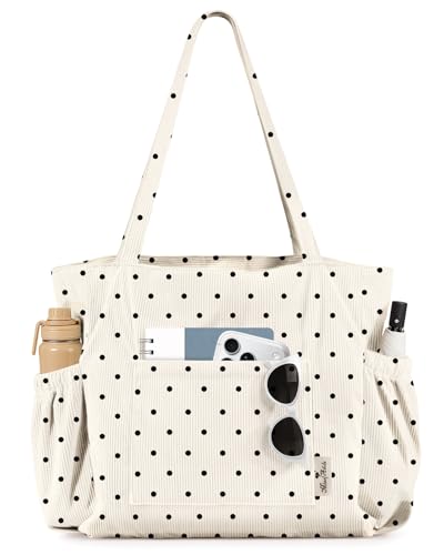 Miss Adola Cute Corduroy Tote Bag for Women Multi-Pocket with Zipper