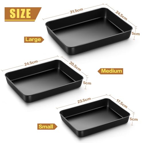 HaWare Oven Tray, Nonstick Baking Sheet Pan Set of 3, Rectangle Deep Cake Tin for Roasting Baking Serving, 3 Different Size - 31.5/26.5/23.5 cm, Healthy & Non-Toxic, Rust Resistant (Black) - Image 3