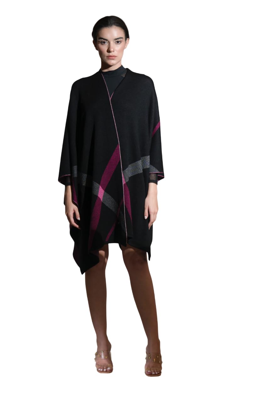 khaleej Women’s Cape Wool Outerwear | Draped Cape Style Layer with Open Front Shawl Design | Woolen Textured Fabric with Contrast Border Detailing | Contemporary Indo-Western Fashion, Black-picture-37