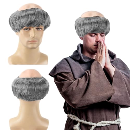 FOUNSHO Perruque pour Adulte Moine, Hommes Gris Perruque de Moine avec Tonsure, Perruques Bonnet Chauve en Latex, Perruques de Prêtre Carnaval Halloween de Déguisement (Gris)
