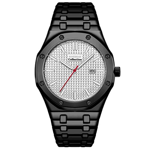 Montre analogique à quartz pour homme - En acier inoxydable - 30 m - Étanche - Date calendrier - Cadeau élégant, Noir/blanc, Bracelet Cover