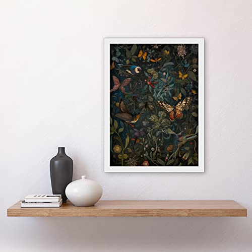Artery8 William Morris Style Plants Birds and Butterflies Artwork Framed A3 Wall Art Print, Framed White A3, 45.5L x 33W cm - Image 2