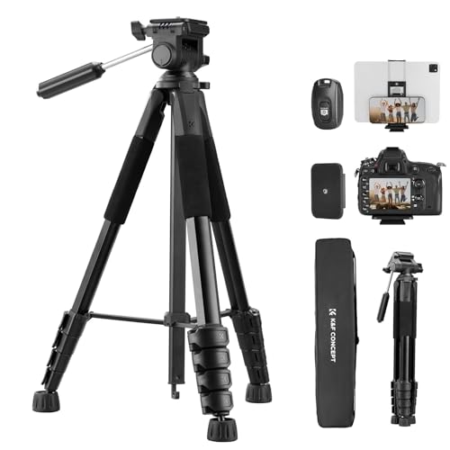 K&F CONCEPT Camera Tripod, 75' Lightweight Portable Travel Outdoor DSLR Tripods for Camera Phone Video Recording Tripod Stand, Cellphone Clip for Smartphone Live Streaming Vlog, Black