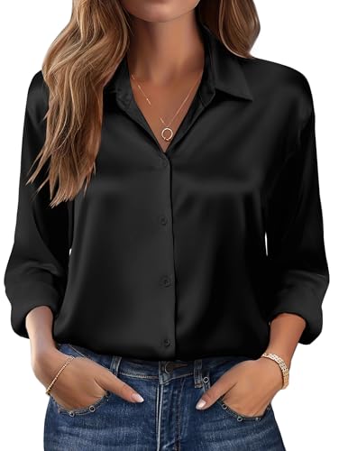 Zeagoo Satin Blouse Black Long Sleeve Shirts Silk Button Down Clothes Business Work Tops