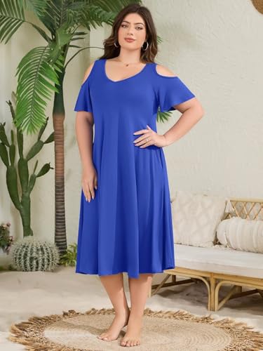 Image of LARACE Plus Size Women Dress for Summer, Midi Women's Sundress, Casual V-Neck Short Sleeve Flowy T-Shirt Dresses with Pockets
