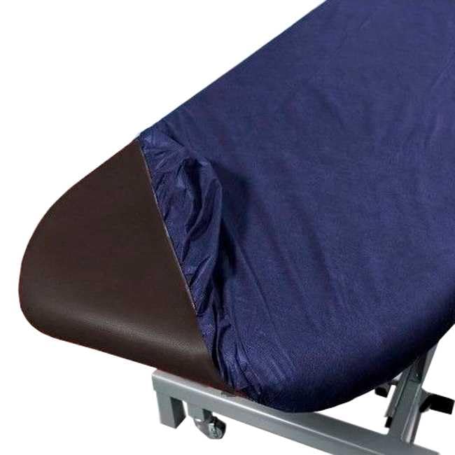 Sábana ajustable desechable de polipropileno 40g. Firme y seguro en camillas de hasta 95 x 220 cm. Color azul marino. Máxima calidad. Caja de 100 Unidades.