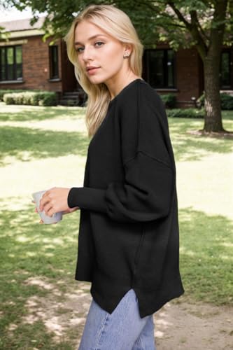 Image of oversized batwing sweaters for women crewneck side slit ribbed knit pullover trendy tops