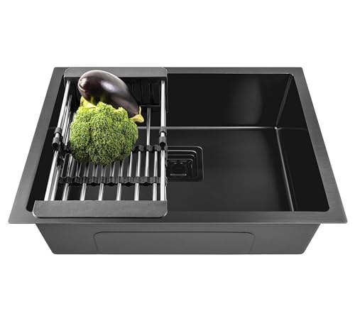 Image of Fossa 20 inchx17 inchx09 inch Premium Stainless Steel Handmade Single Bowl Kitchen Sink | Scratch Resistant, Anti-Stain | Includes Coupling, Waste Pipe & Fruit Basket - Black (Matte Finish)