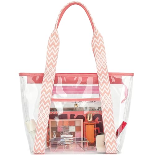 Fammart Bolsa de praia transparente para mulheres, bolsa grande transparente para eventos de estádio - Fecho de zíper, impermeável, à prova de areia, Alças Jacquard - Rosa, Large