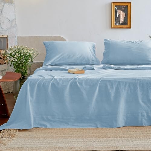 NUMWELL Cotton Flat Sheet Only Queen Size, 100% Stone Washed Cotton Linen Like Cooling Breathable Bed Sheet 1Pcs, Dusty Blue